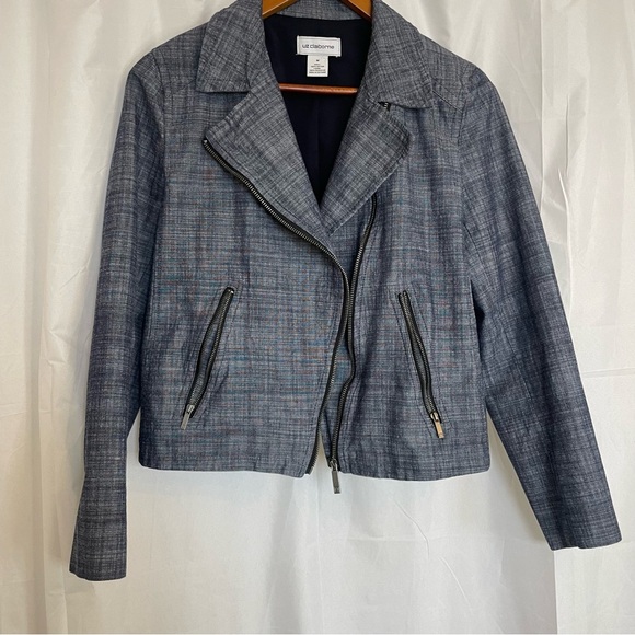 LIZ CLAIBORNE Women’s Blue Lined Moto Zip Up Cropped Jacket Size Medium - Picture 1 of 16